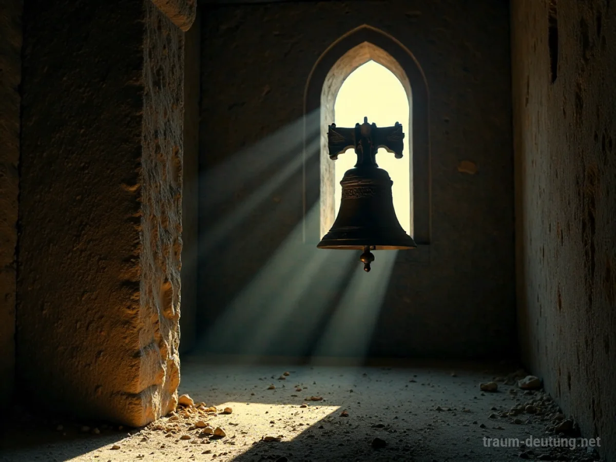 Eine alte, bronzene Glocke in einem staubigen Glockenturm, beleuchtet von Sonnenstrahlen.