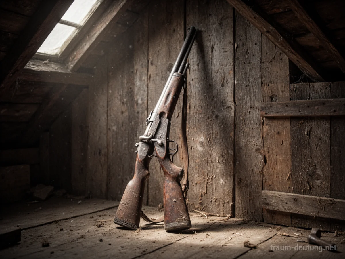 Ein altes Gewehr lehnt an einer Holzwand in einem dunklen Raum.