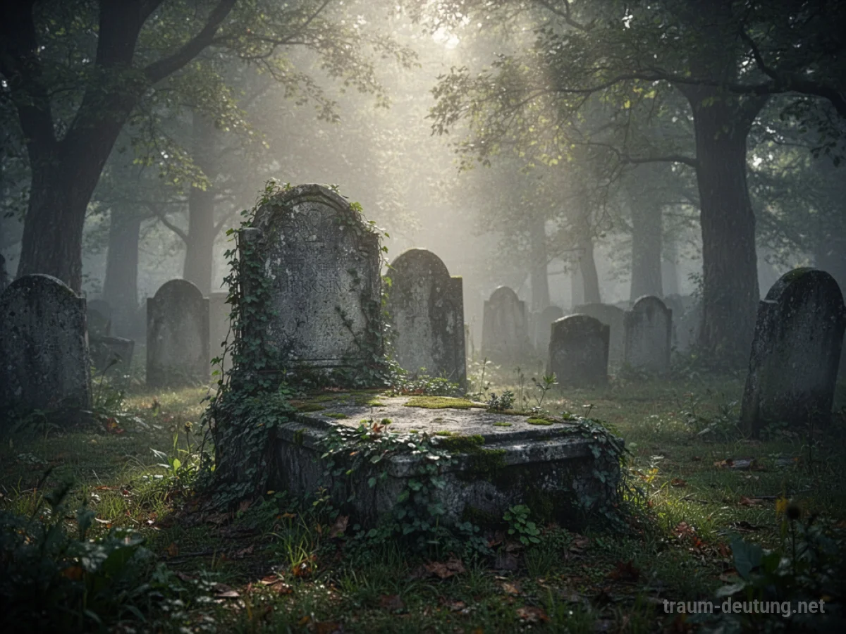 Ein altes, von Efeu überwuchertes Grab auf einem nebligen Friedhof.
