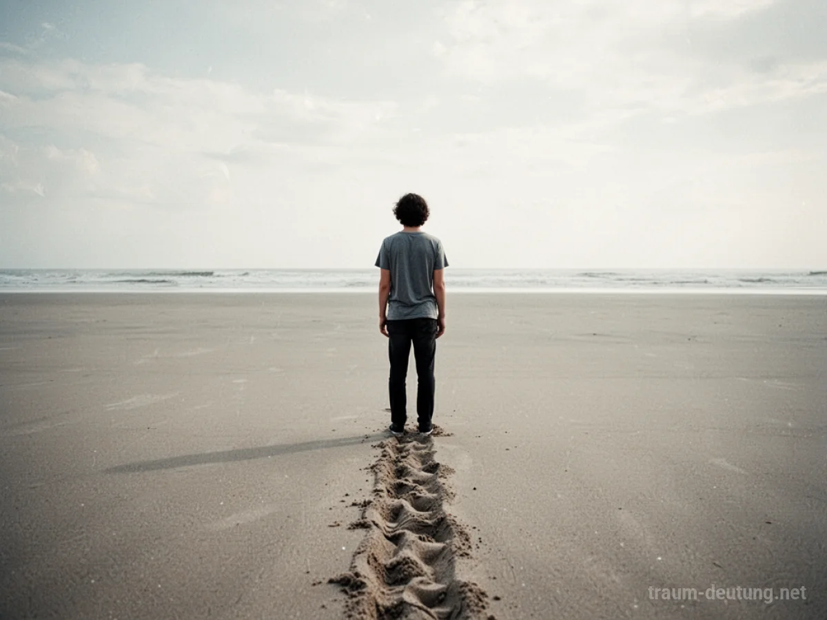 Eine Person steht an einer Linie im Sand und blickt in die Ferne.