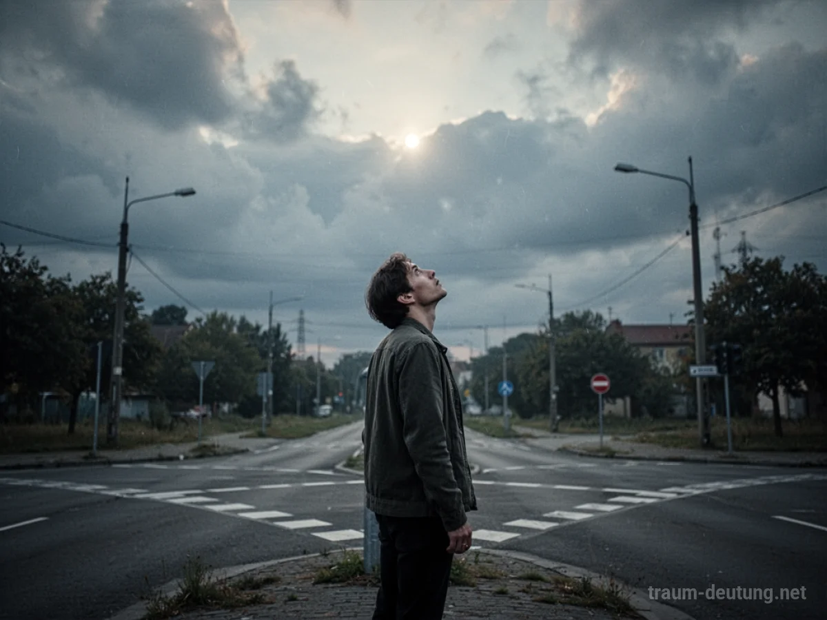 Person steht an einer Weggabelung und blickt zweifelnd zum Himmel.