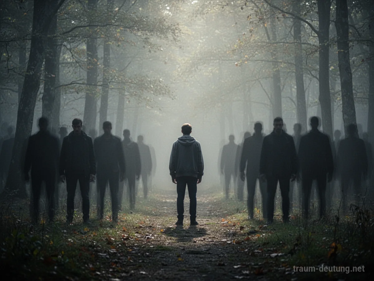 Silhouette einer Person, die einer Gruppe von Schattenmenschen gegenübersteht.