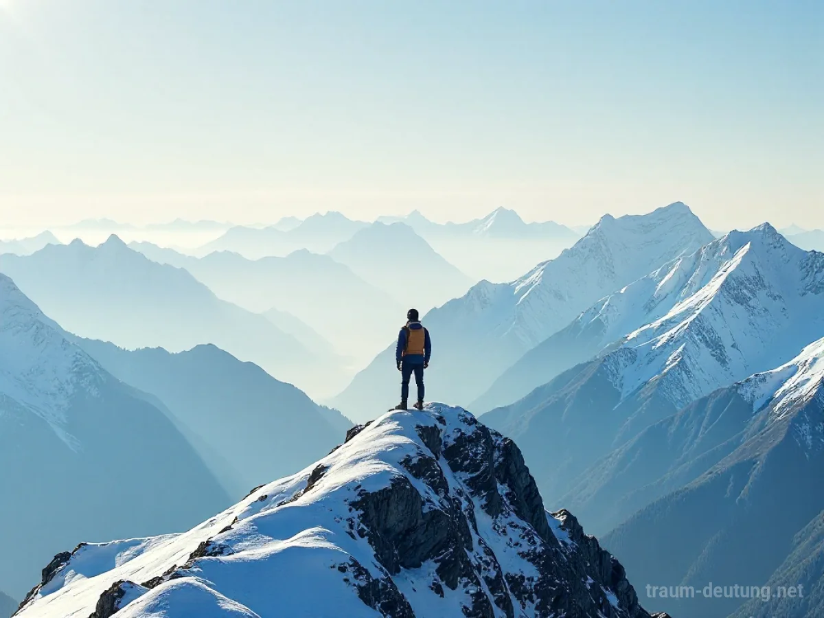 Eine Person steht auf einem Berggipfel und blickt in die Ferne.