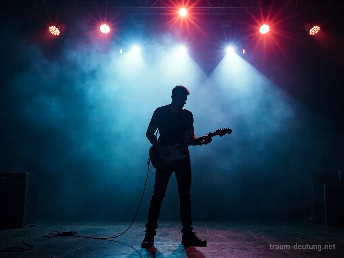 Eine Person spielt Gitarre auf einer Bühne vor einem Publikum im Traum.