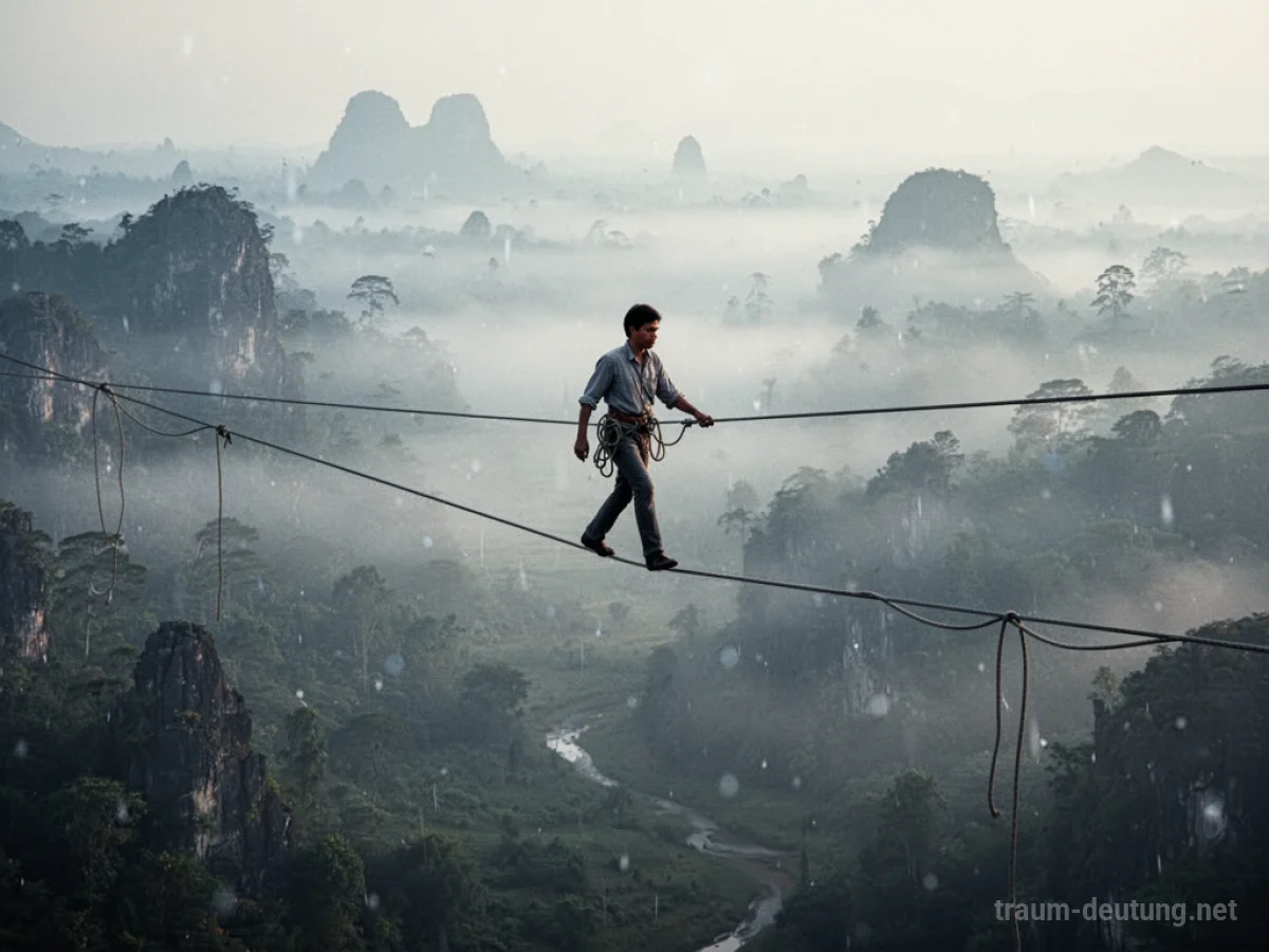 Person balanciert auf einem Hochseil über einer nebligen Schlucht.