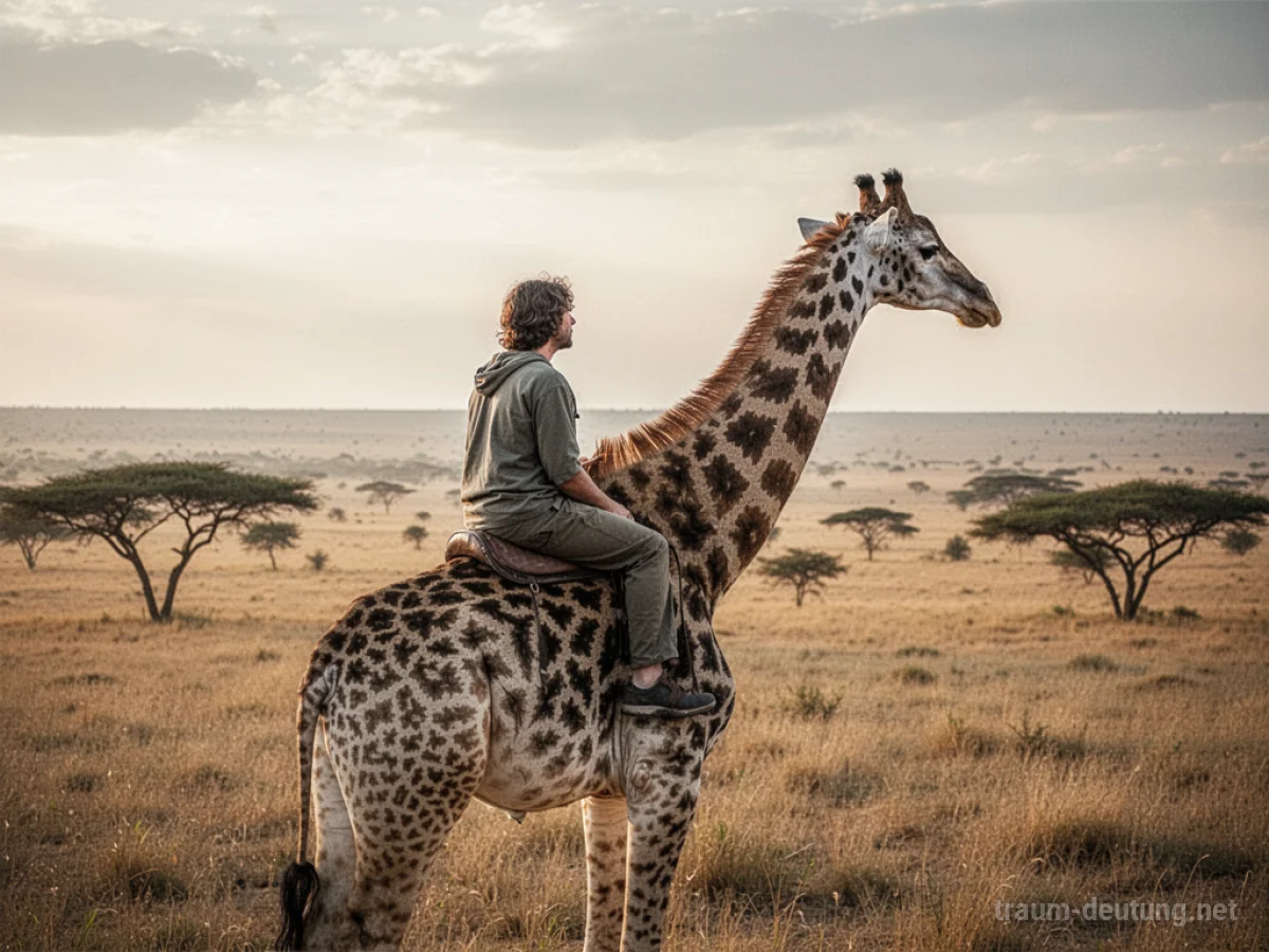 Person reitet auf einer Giraffe in der Savanne.