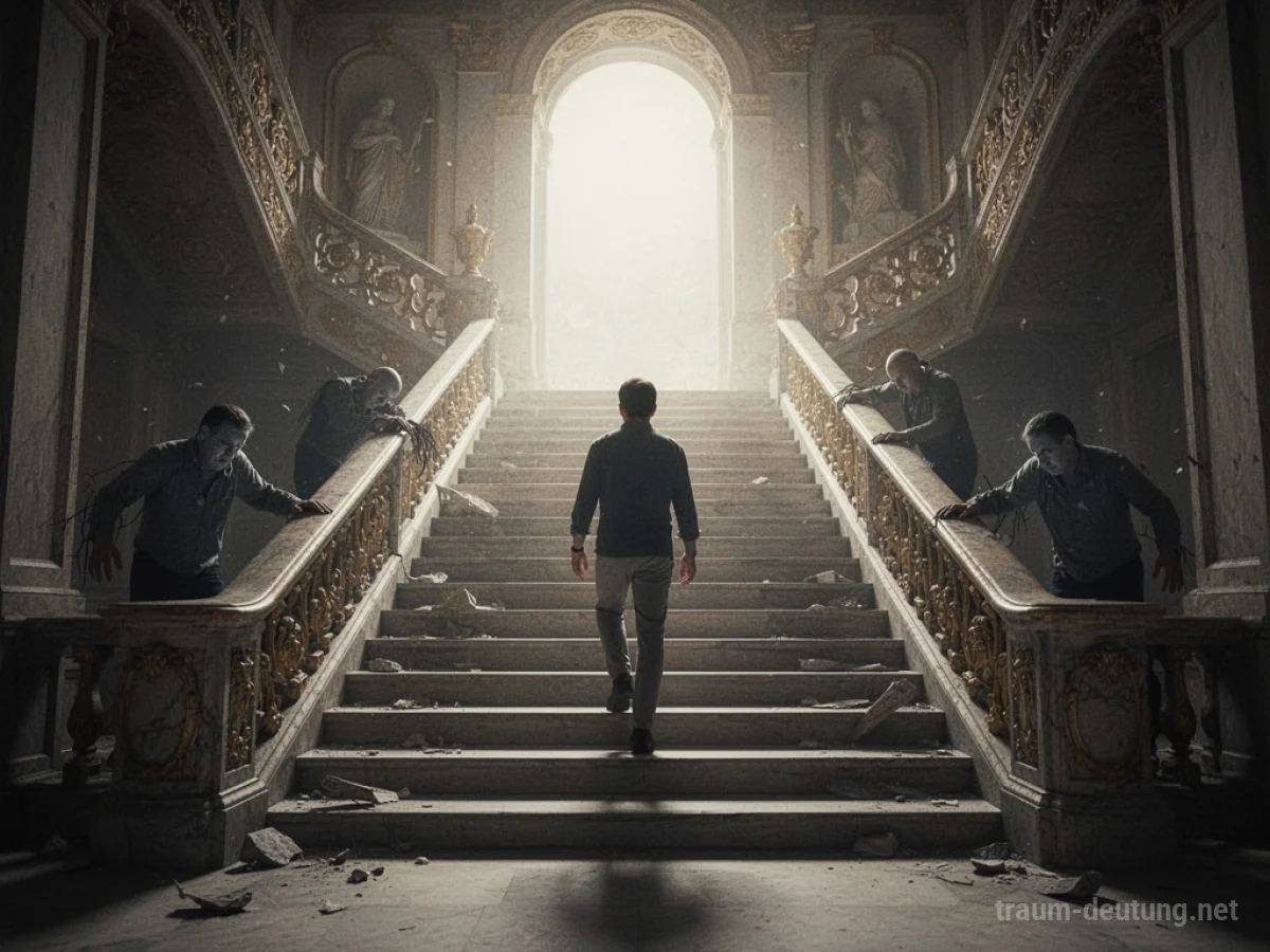 Eine Person steigt eine breite Treppe empor, dem Licht entgegen.