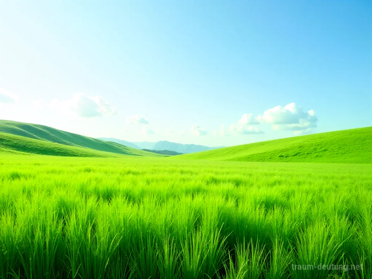 Eine weite, grüne Grasfläche unter blauem Himmel.