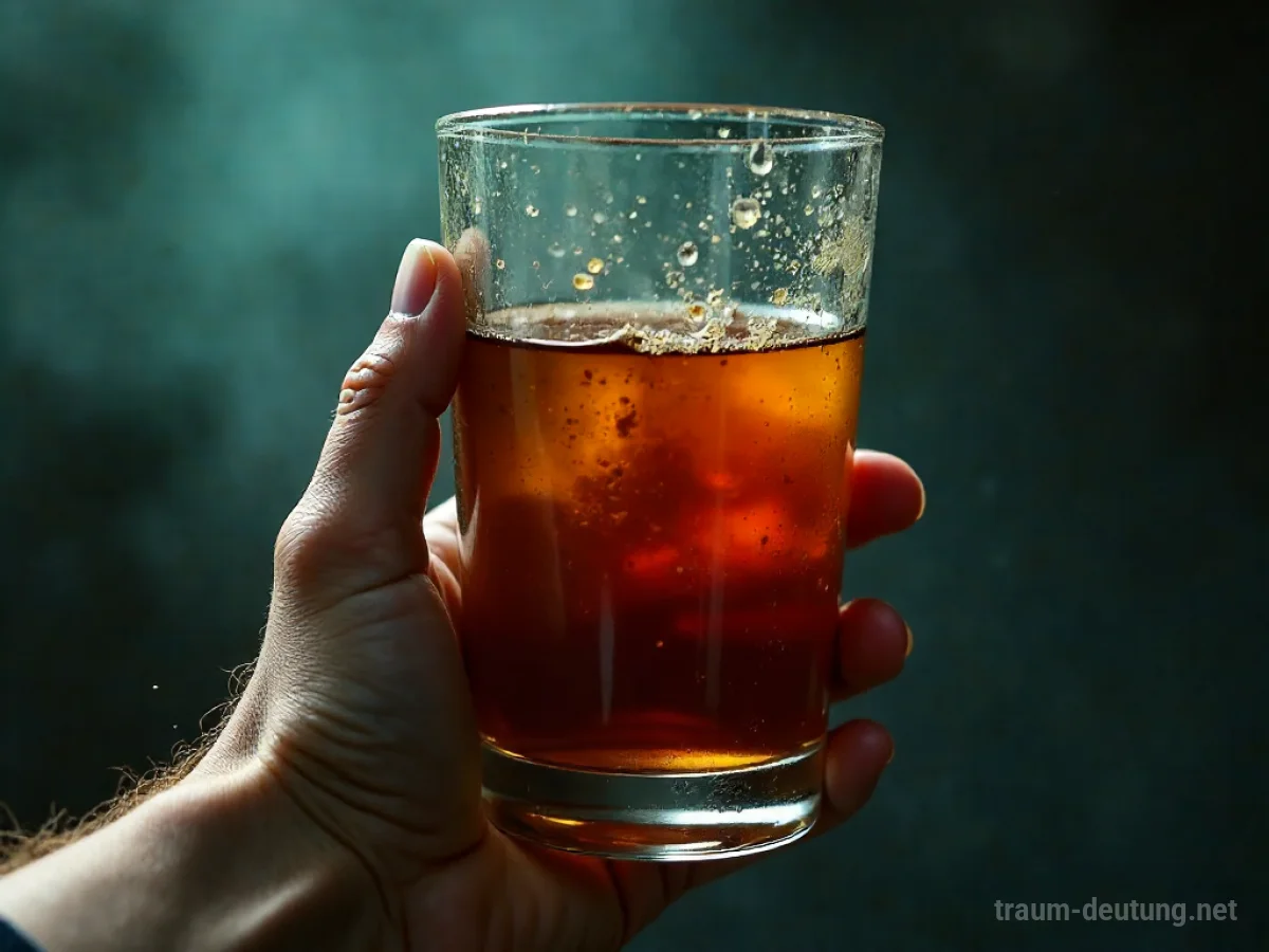 Schmutziges Glas mit trübem Getränk in einer Hand