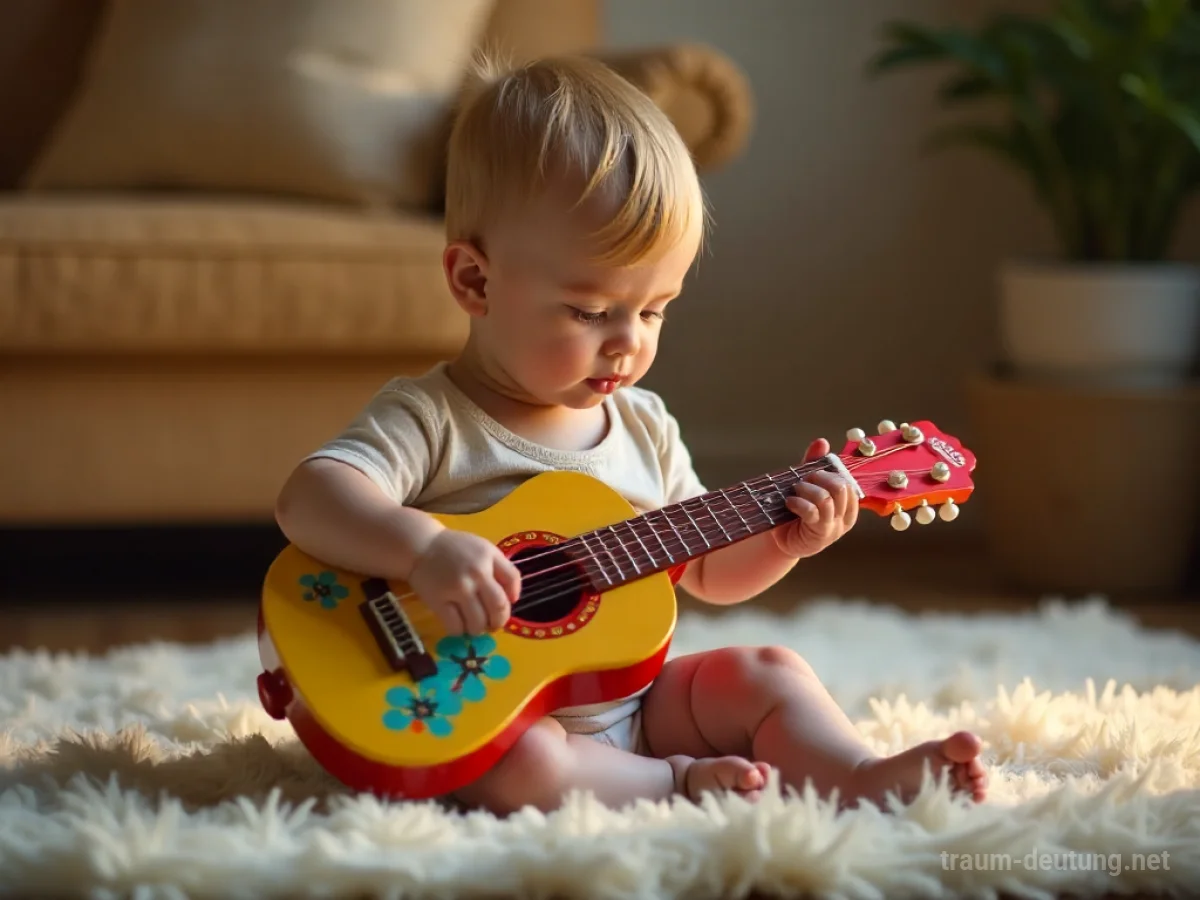 Ein Baby spielt eine bunte Gitarre auf einem Teppich.