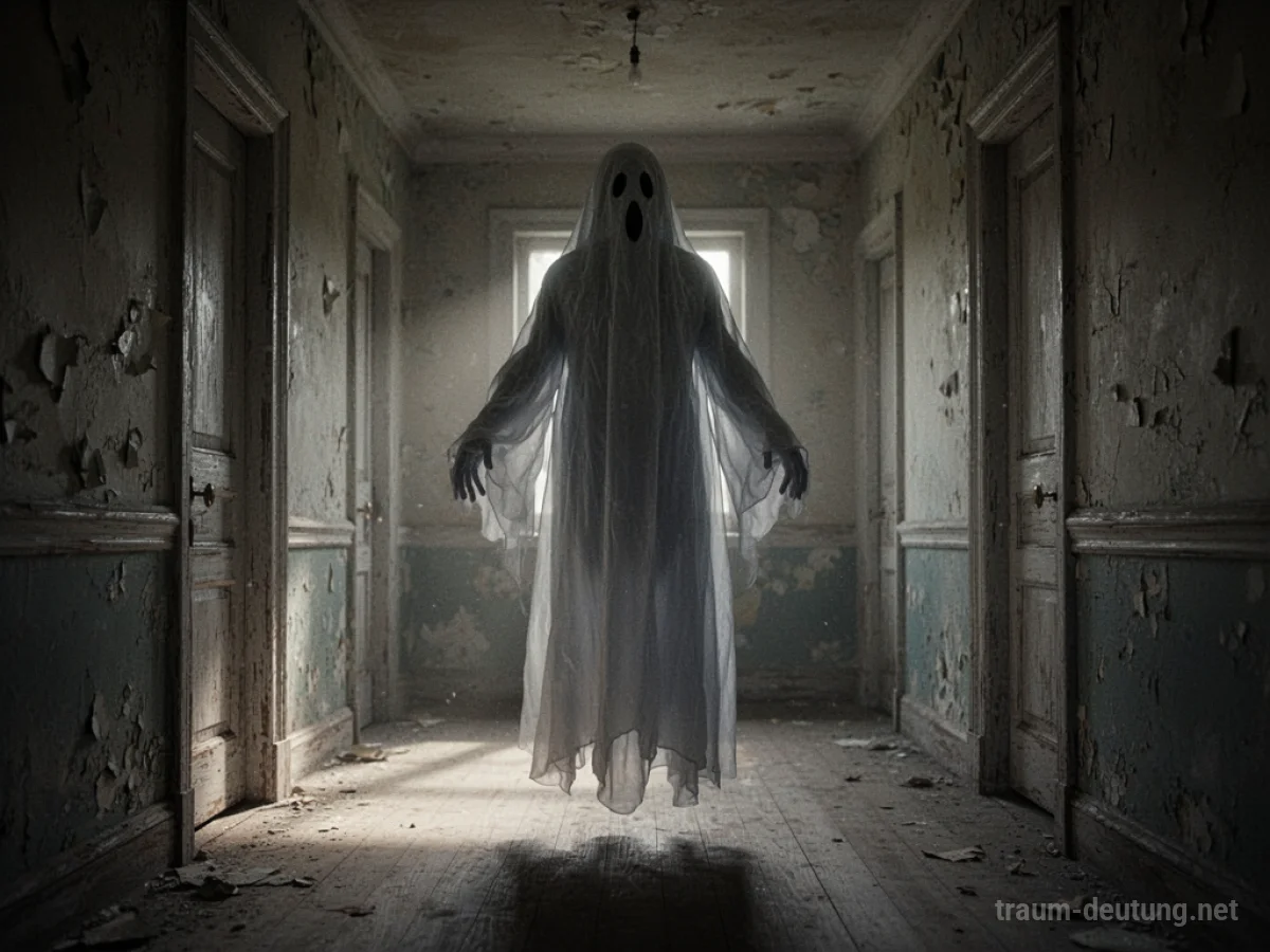 Schattengestalt eines bedrohlichen Gespenstes in einem dunklen Flur