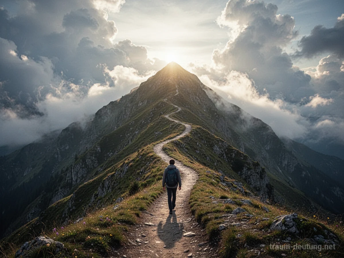 Eine einzelne Person geht einen steilen Bergpfad hinauf in Richtung Gipfel.