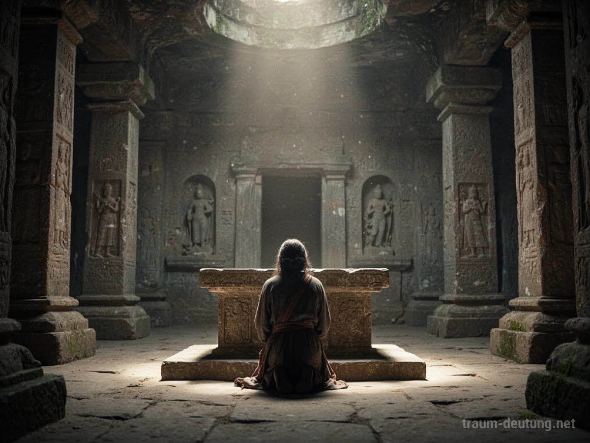 Eine Person kniet an einem steinernen Altar in einem alten Tempel.