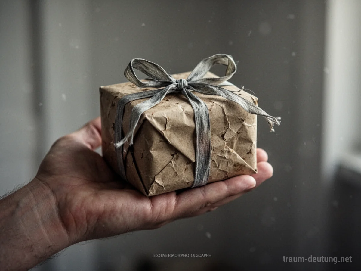 Eine Hand reicht ein kleines, in billiges Papier eingepacktes Geschenk.