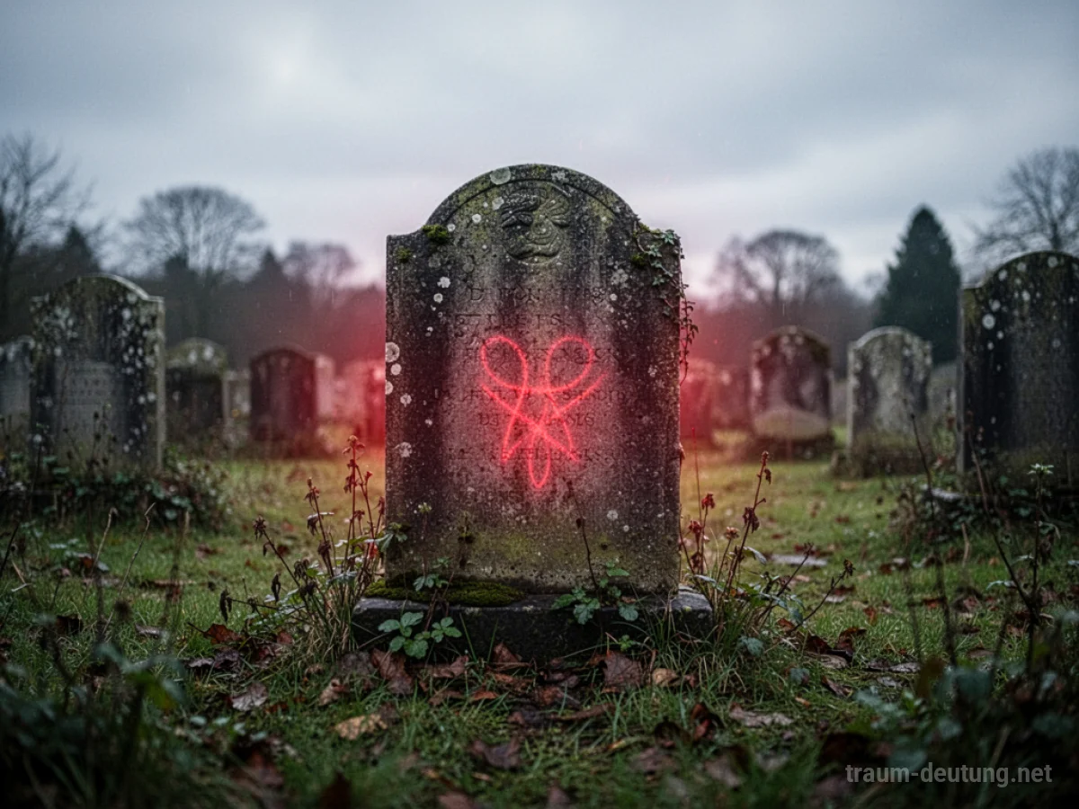 Grabstein mit einem symbolischen roten Schimmer im Hintergrund auf einem Friedhof