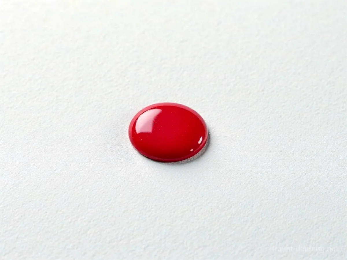 Ein abstraktes Gemälde mit einem einzelnen Tropfen roter Farbe auf weißem Grund.