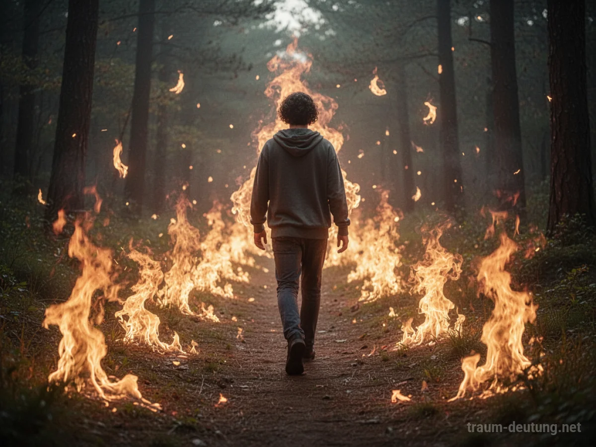 Symbolische Flammen auf einem Weg, durch den eine Person geht.