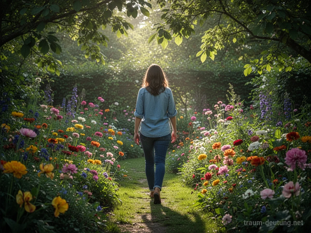 Eine Person geht durch einen blühenden, sonnigen Garten mit vielen Blumen.
