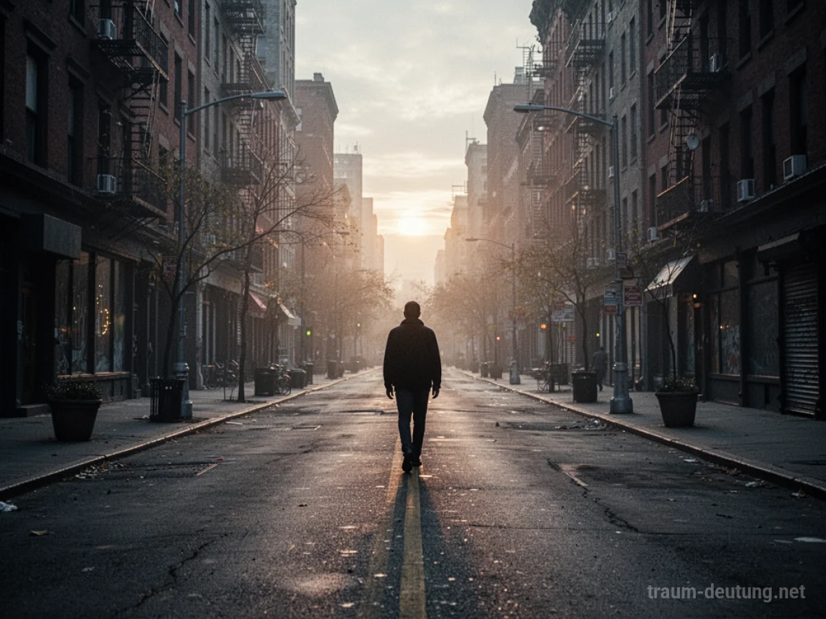 Eine Person geht allein durch eine leere Stadtstraße im Morgengrauen.