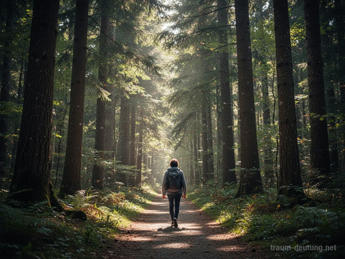 Ein Mensch geht auf einem Pfad durch einen dichten, sonnenbeschienenen Wald.