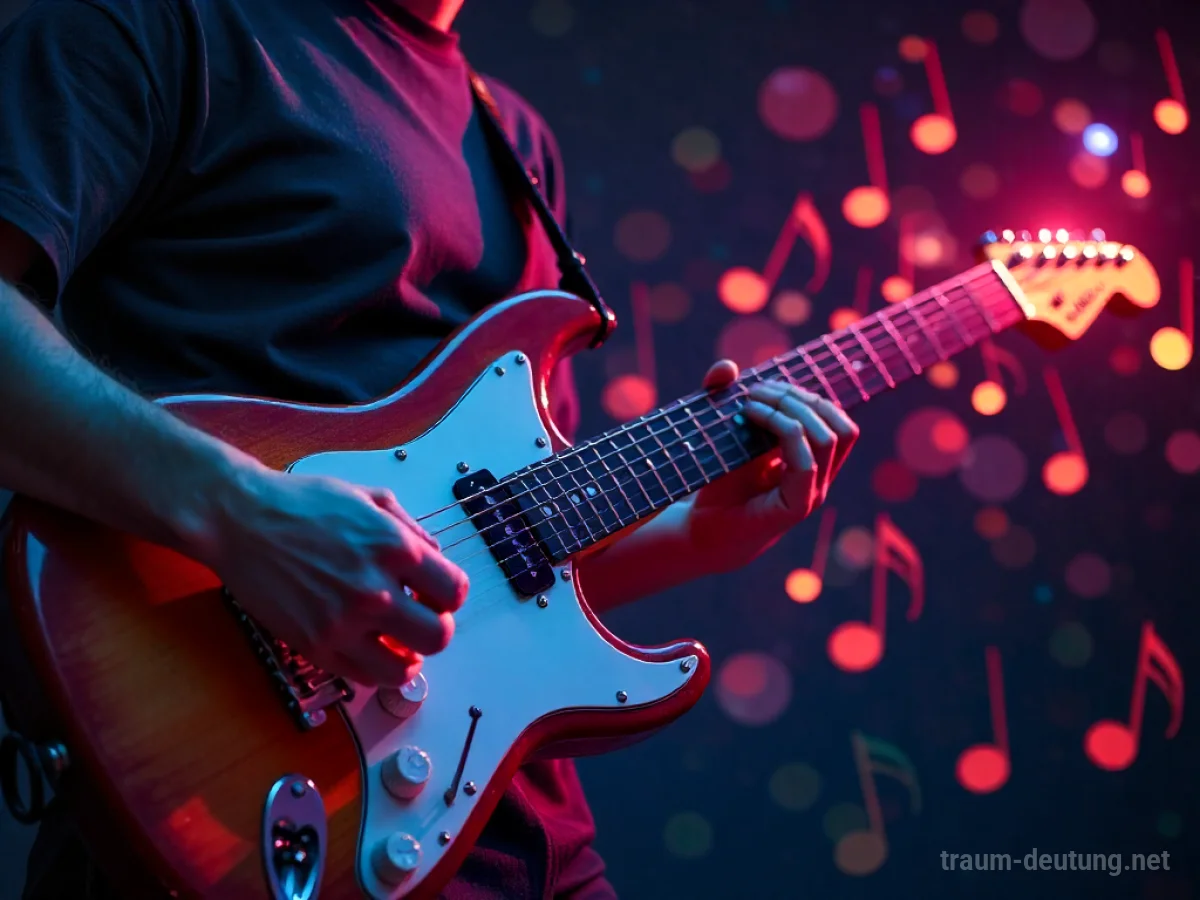 Eine Person spielt eine E-Gitarre, umgeben von bunten Noten.