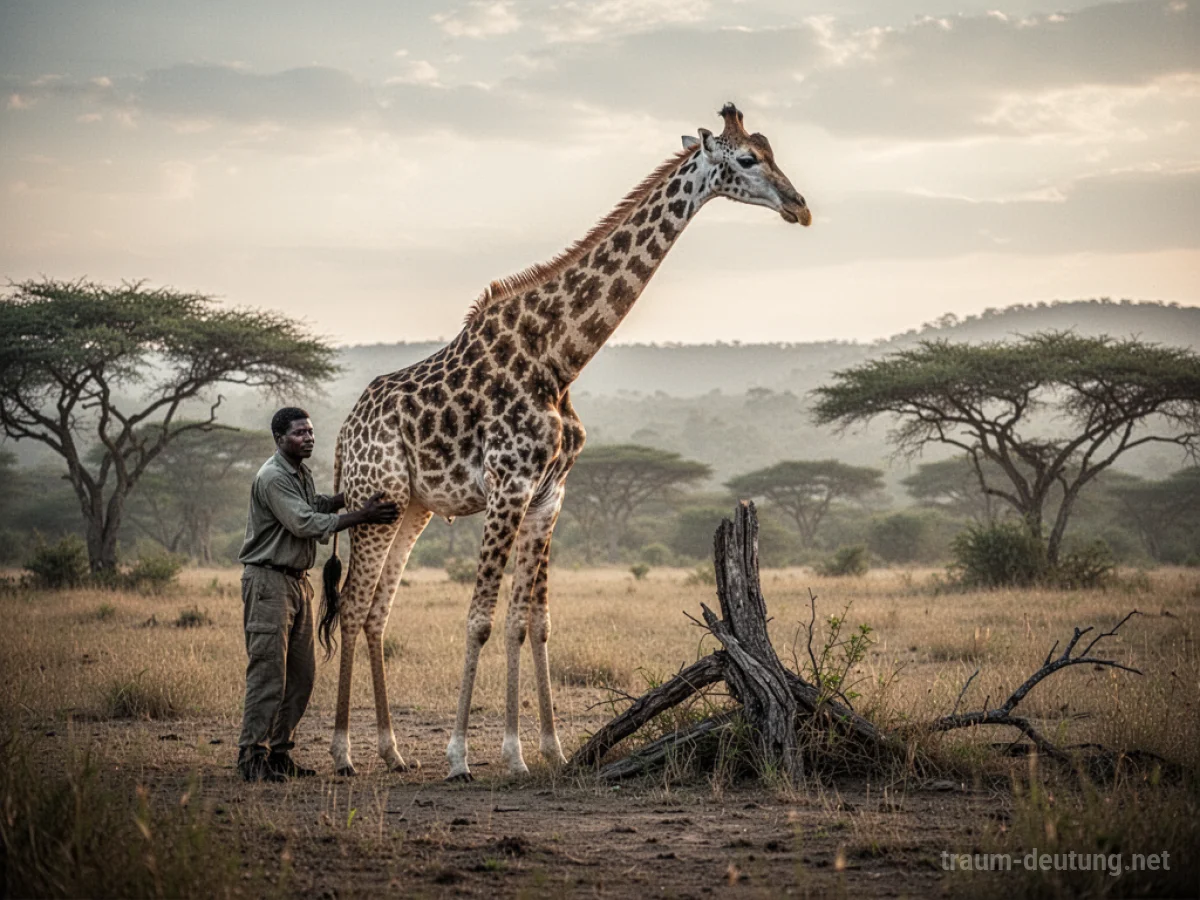 Eine Person hilft einer Giraffe, einen Hindernis zu überwinden.
