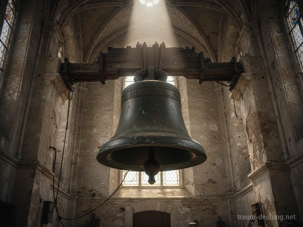 Eine alte Kirchenglocke hängt in einem Glockenturm und wird von einem Lichtstrahl beleuchtet.