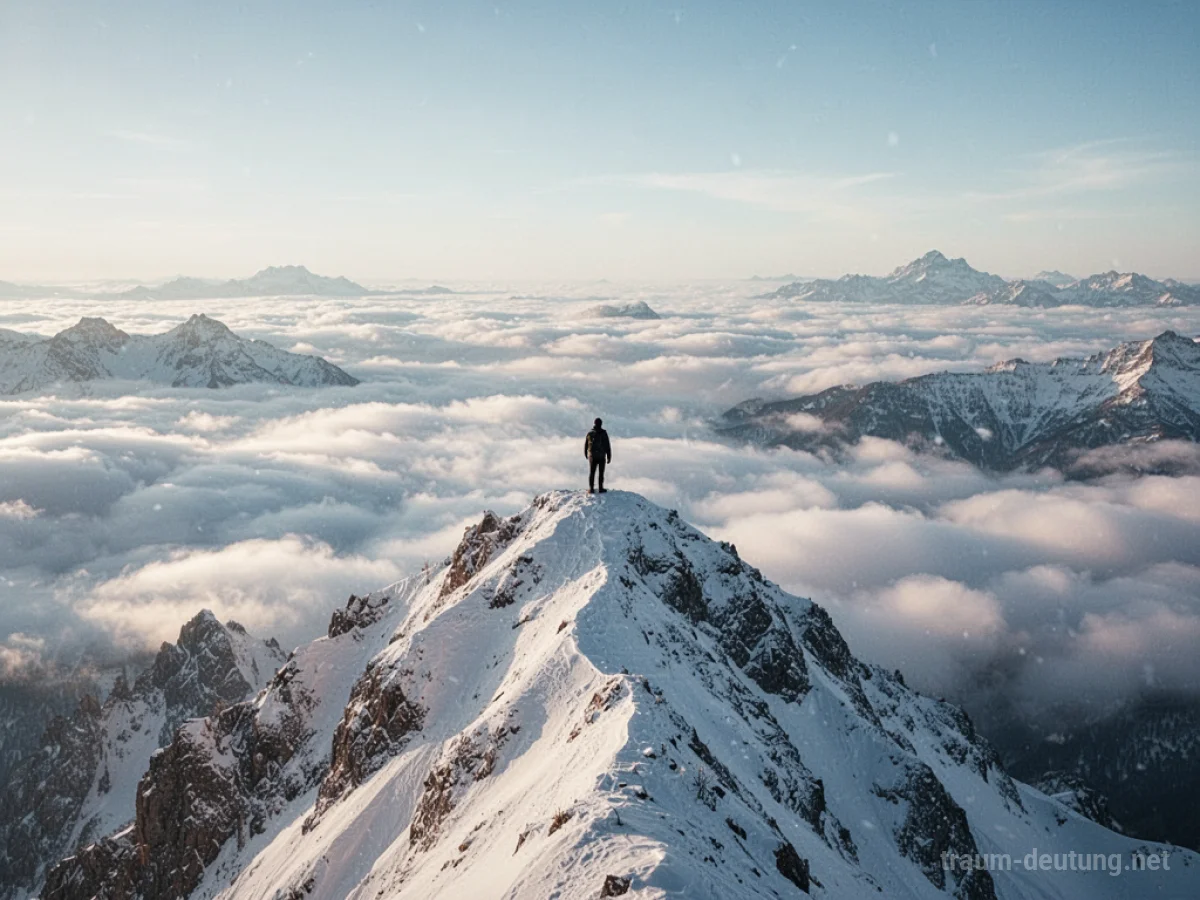 Eine einsame Person auf einem Berggipfel mit Blick über Wolken
