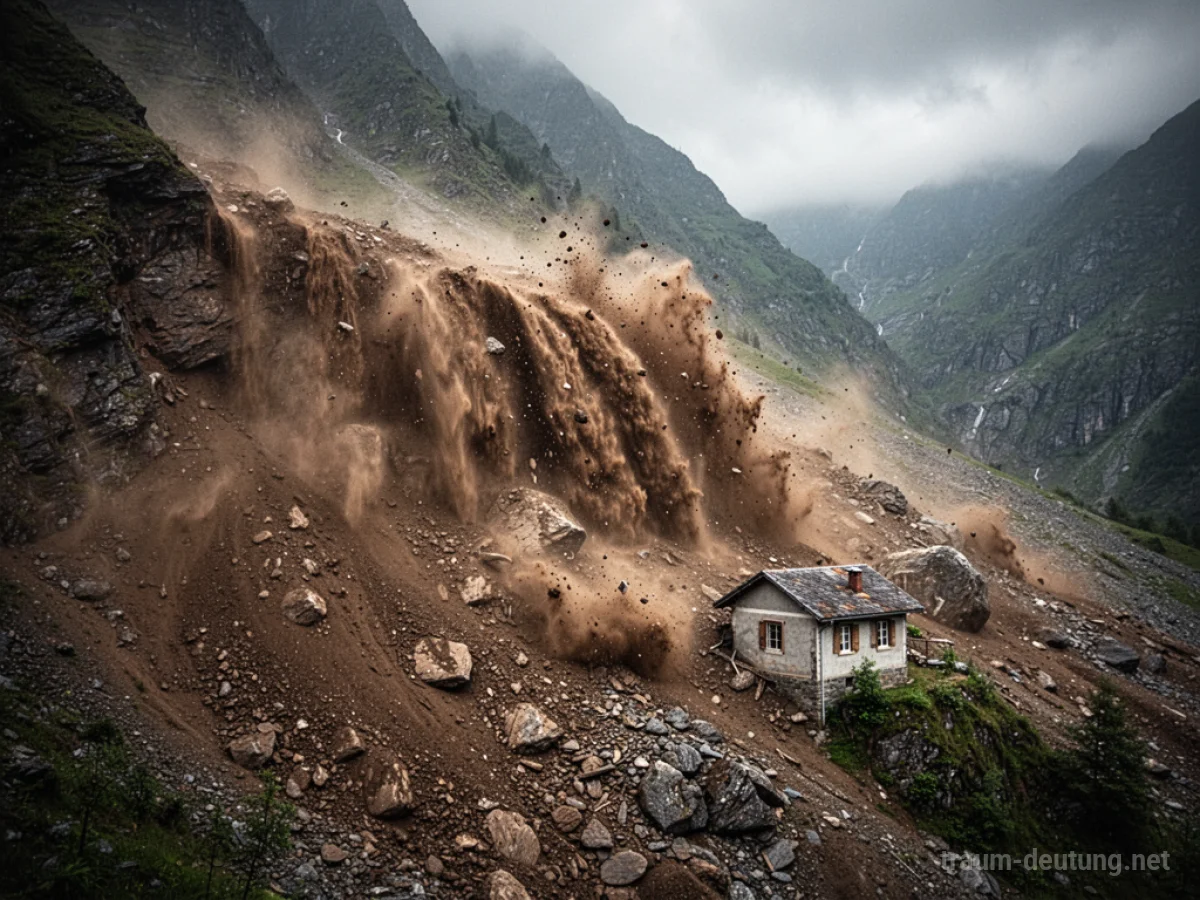 Erdrutsch auf einem Berghang mit einem Haus in der Nähe