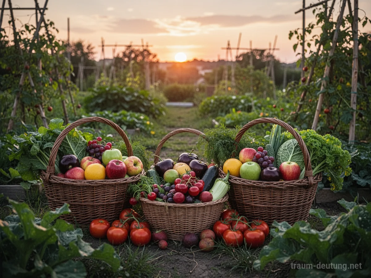 Reif geerntetes Obst und Gemüse in einem Garten bei Sonnenuntergang