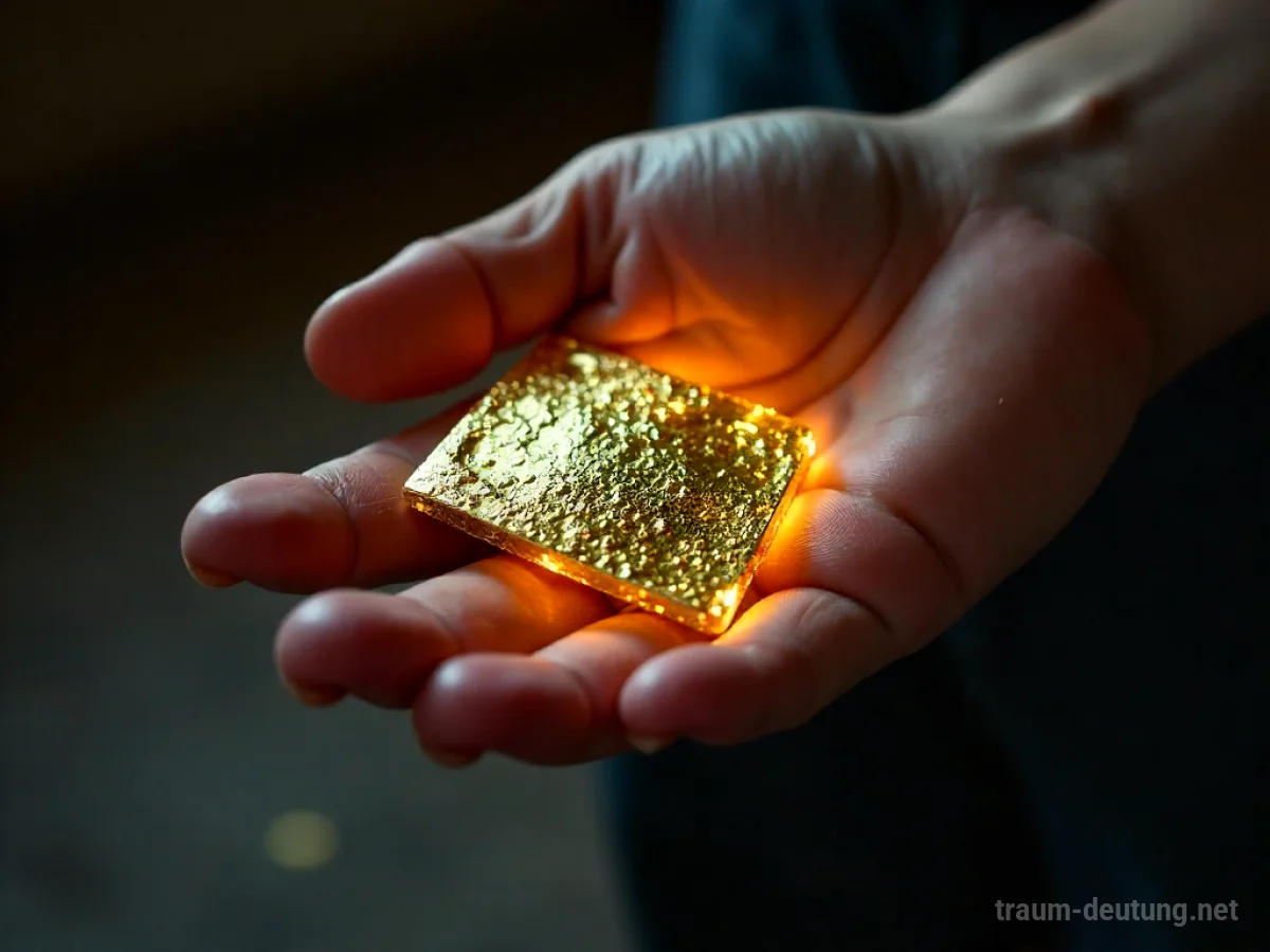 Hand hält glänzendes Metall, das wie Gold aussieht, aber bei näherem Hinsehen künstlich ist.