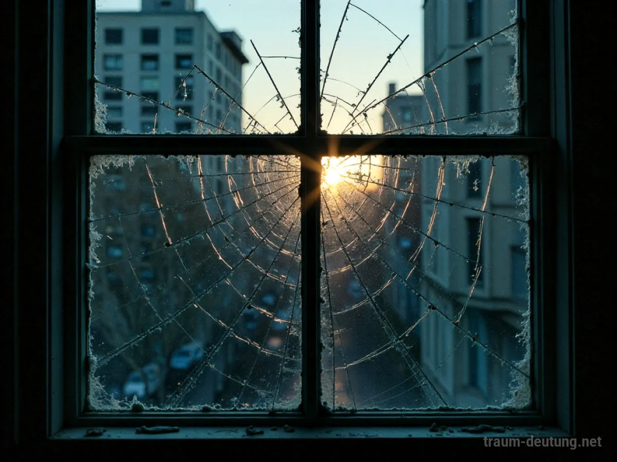 Ein gesprungenes Fensterglas mit scharfen Scherben, durch die ein Licht scheint.