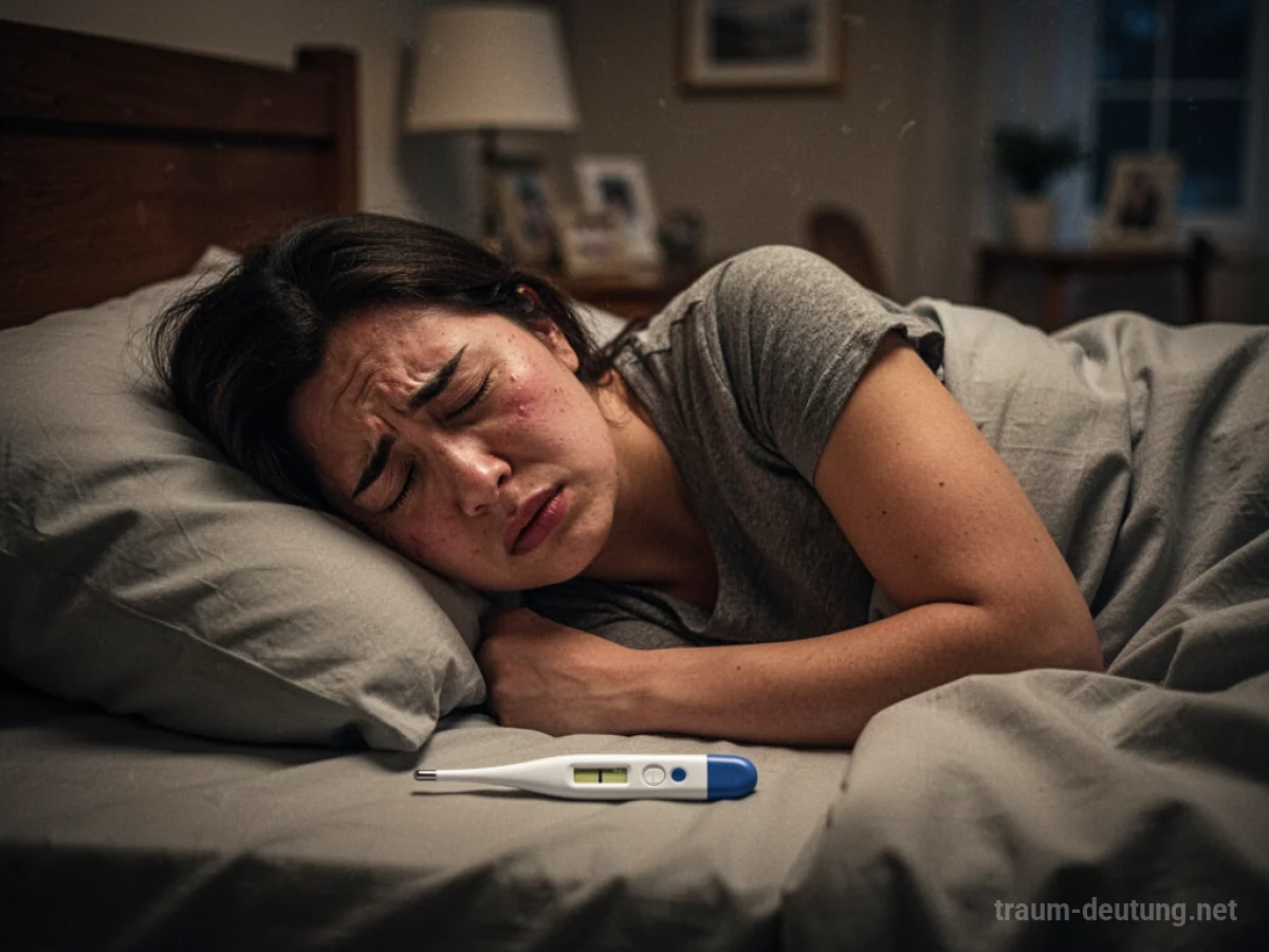 Person mit Fieber im Bett, Thermometer auf dem Nachttisch