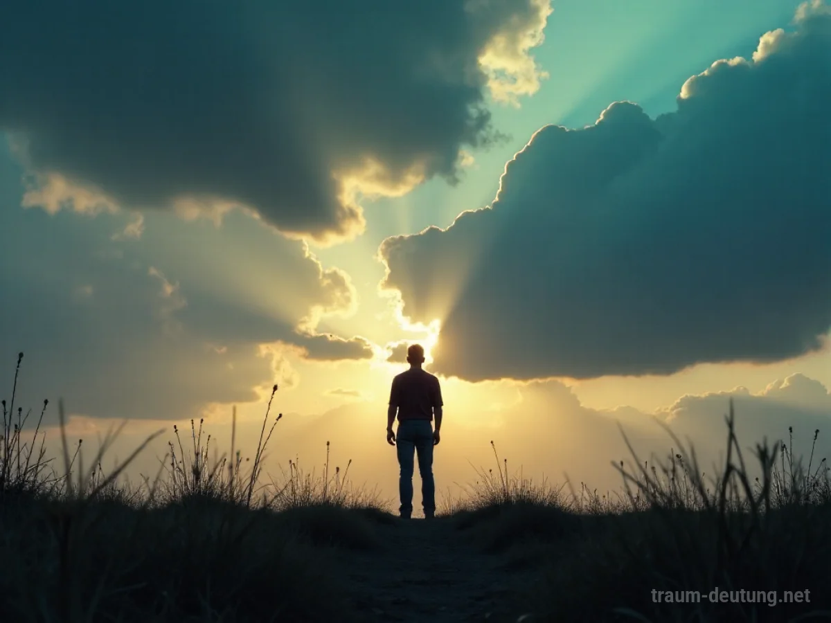 Silhouettenfigur an unscharfer Grenze unter bedrohlichem Himmel