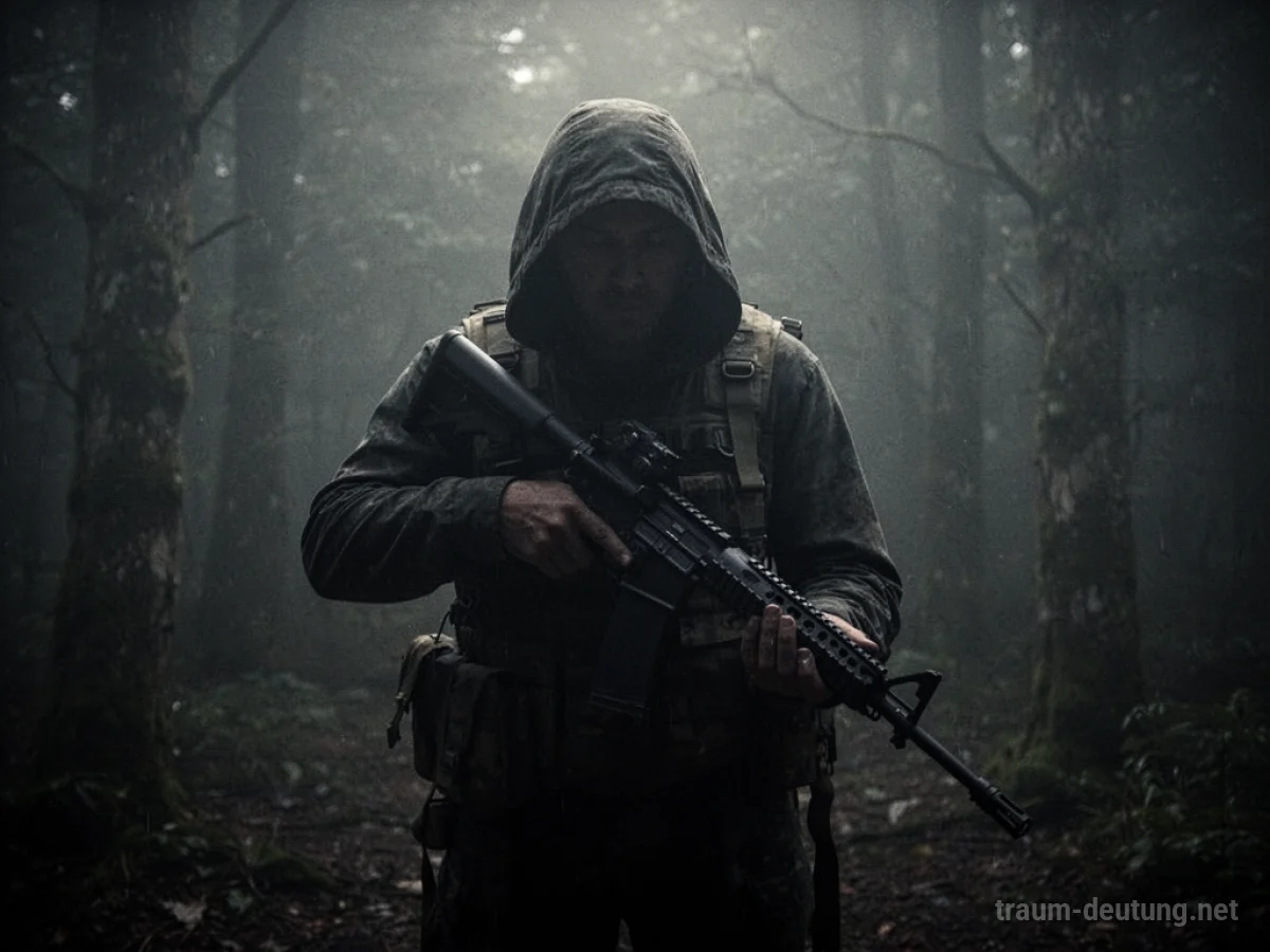 Silhouettenhafte Gestalt eines Fremden mit einem Gewehr in einer dunklen, diffusen Umgebung.