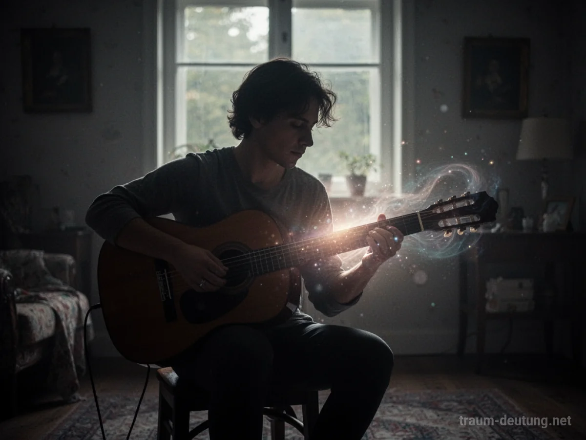Silhouette einer Person, die eine Gitarre spielt, beleuchtet von sanftem Licht.