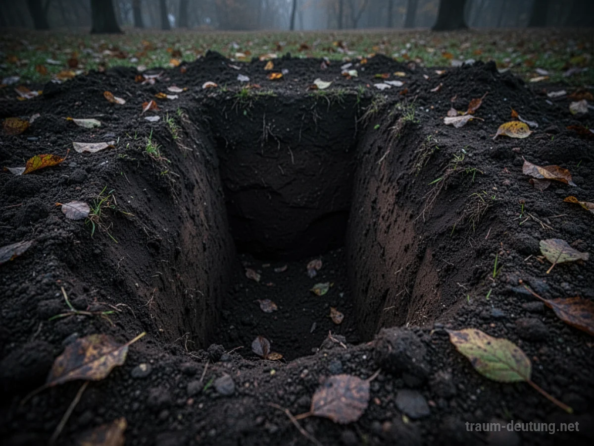 Ein frisches Grab im dunklen Erdreich, umgeben von wenigen Herbstblättern.
