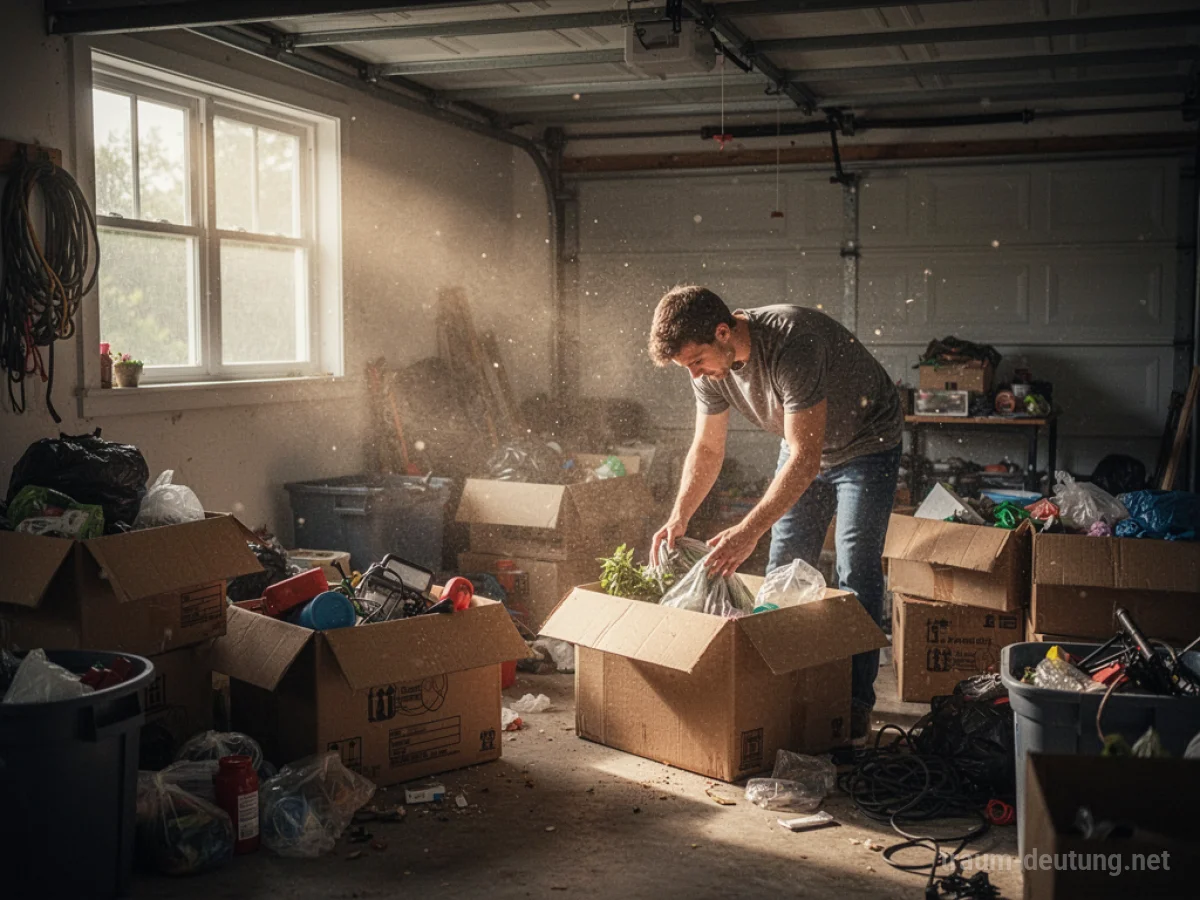 Eine Person räumt eine unordentliche Garage auf und sortiert Gegenstände.