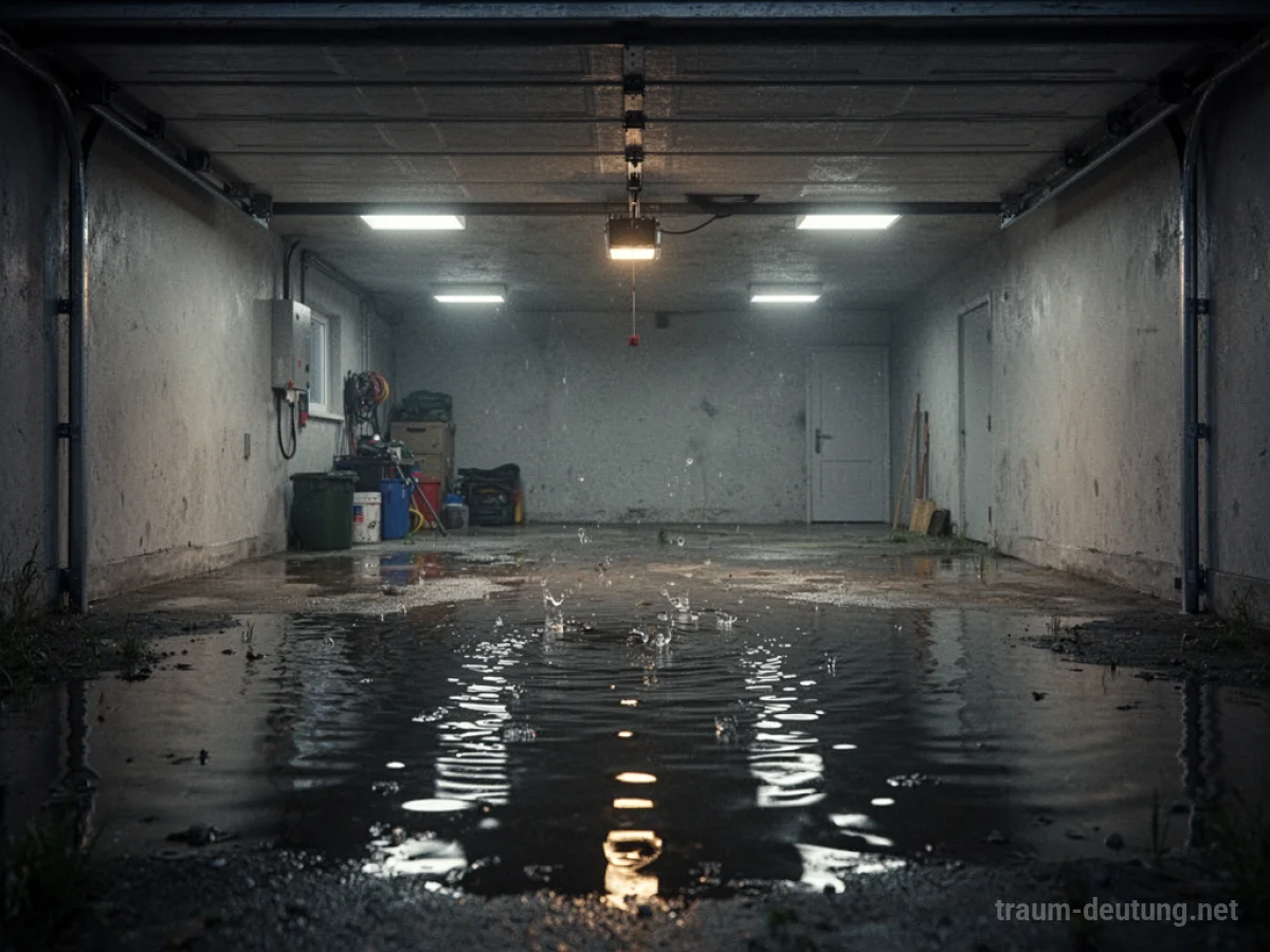 Eine Garage, deren Boden vollständig mit Wasser bedeckt ist, die Deckenbeleuchtung spiegelt sich darin.