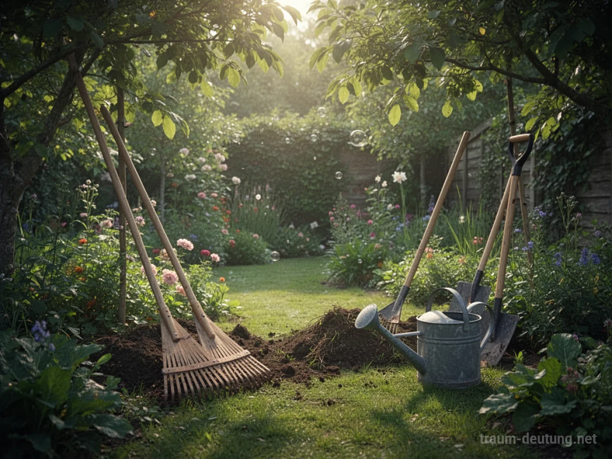 Ein aufgeräumter Garten mit Werkzeugen und Sonnenlicht