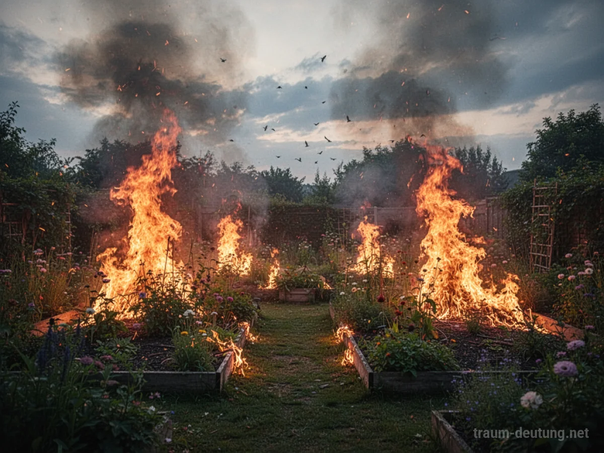 Ein Garten steht in Flammen, Rauch steigt in den Himmel auf.