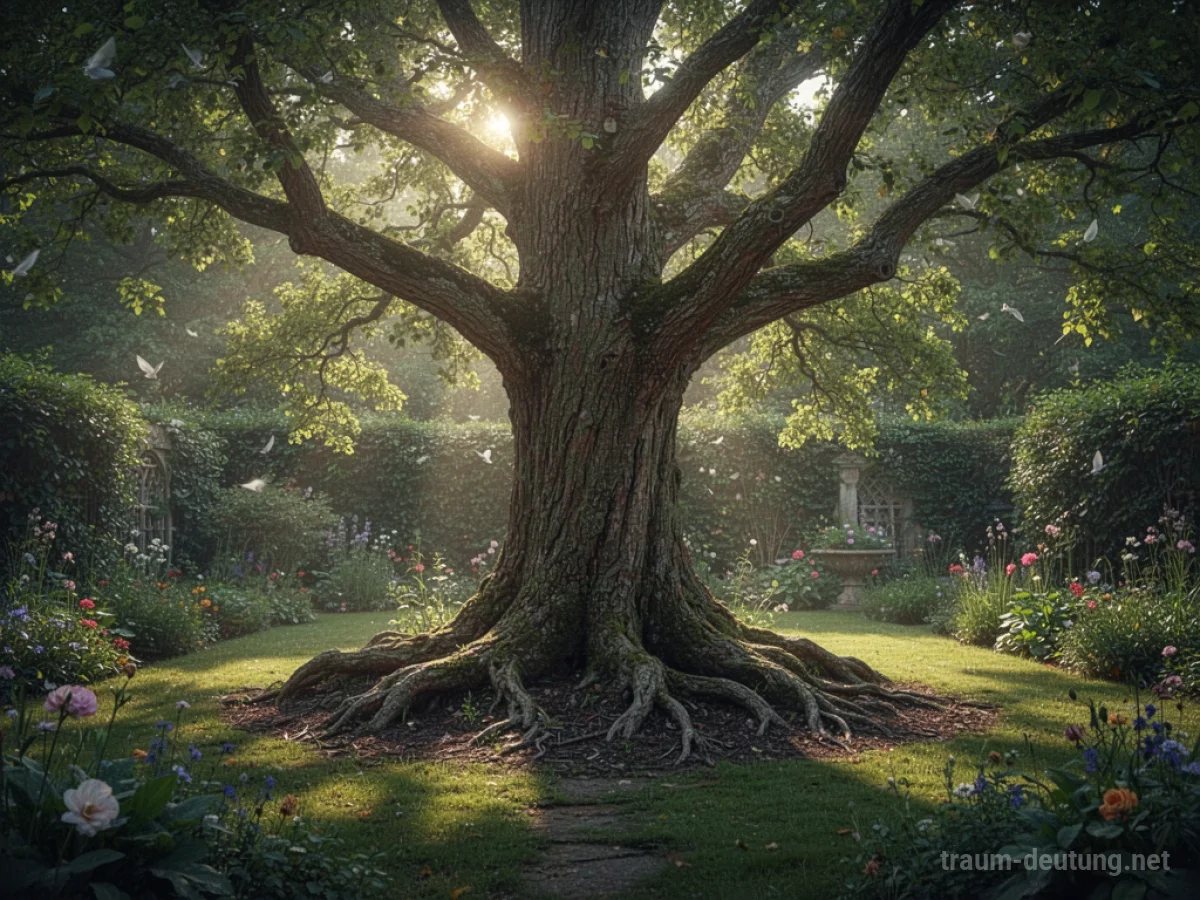 Alter Baum in einem Garten mit sichtbaren Wurzeln