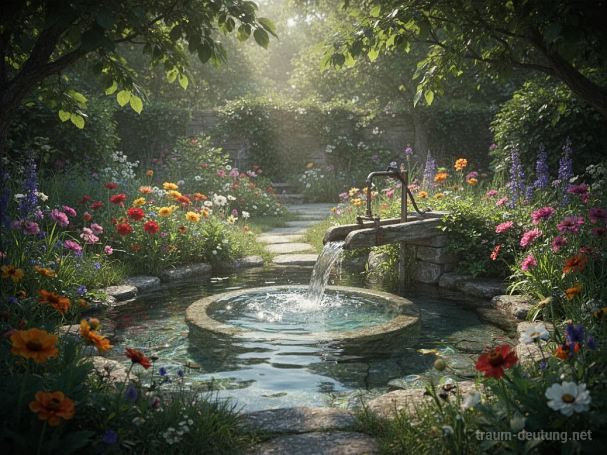 Ein friedlicher Garten mit einem plätschernden Brunnen im Zentrum.