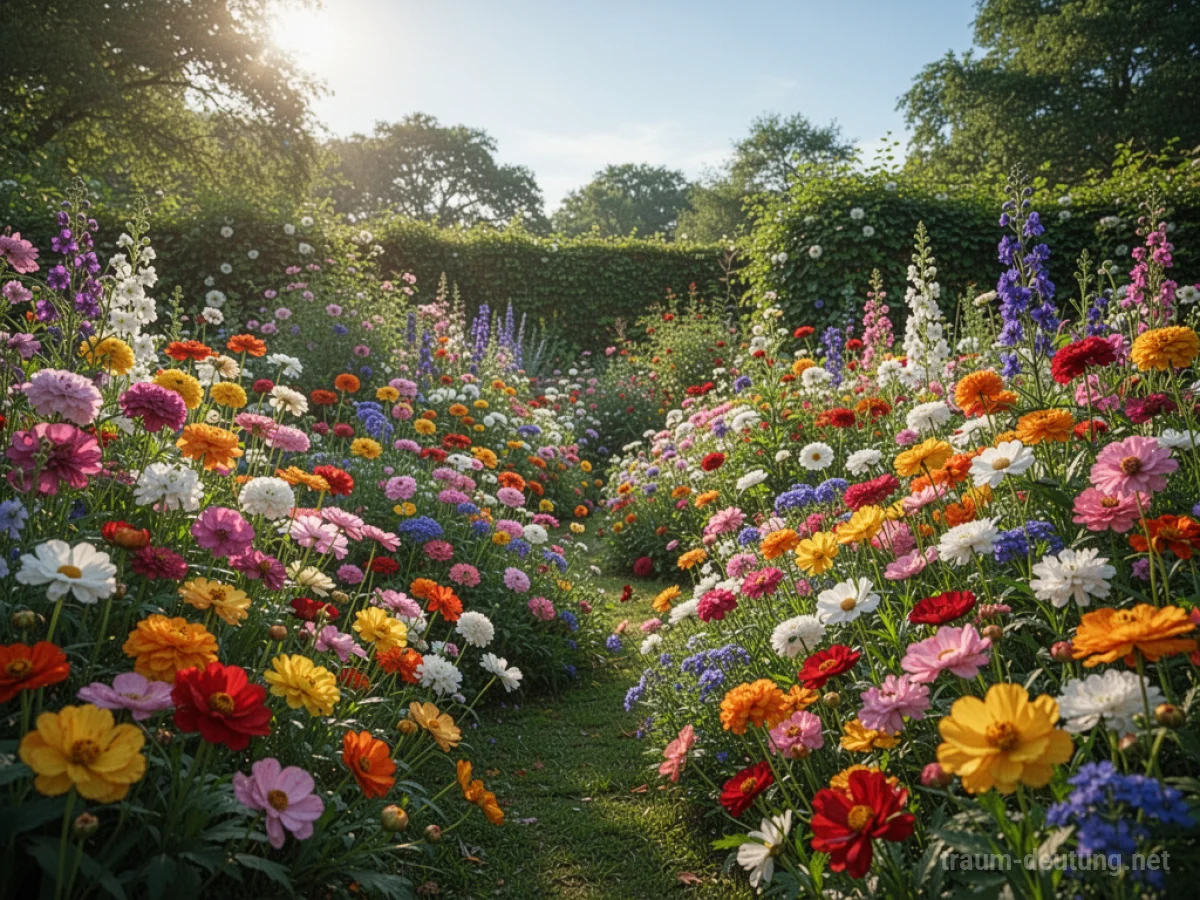 Ein üppiger Garten, der von zahlreichen bunten Blumen übersät ist.
