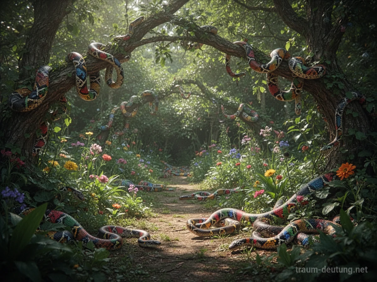 Ein üppiger Garten mit vielen Schlangen, die sich im Laub schlängeln.