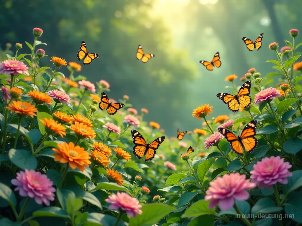 Ein üppiger Garten mit vielen bunten Schmetterlingen zwischen blühenden Blumen.