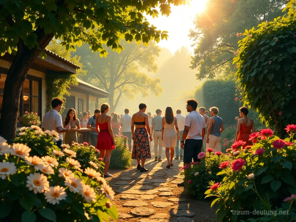 Menschen feiern eine Gartenparty inmitten blühender Pflanzen.