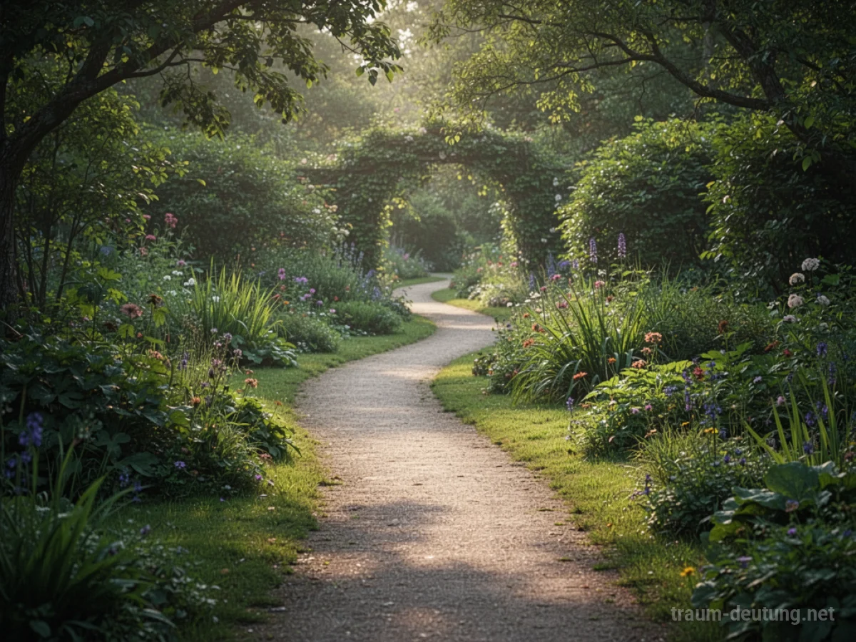 Ein verschlungener Weg führt durch einen grünen Garten.