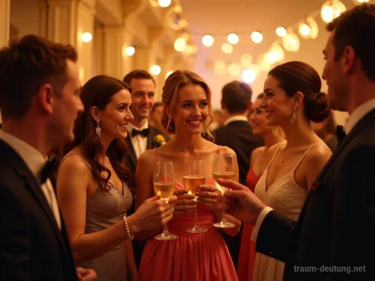 Menschen feiern als Gäste auf einer Hochzeit, Lachen und Anstoßen