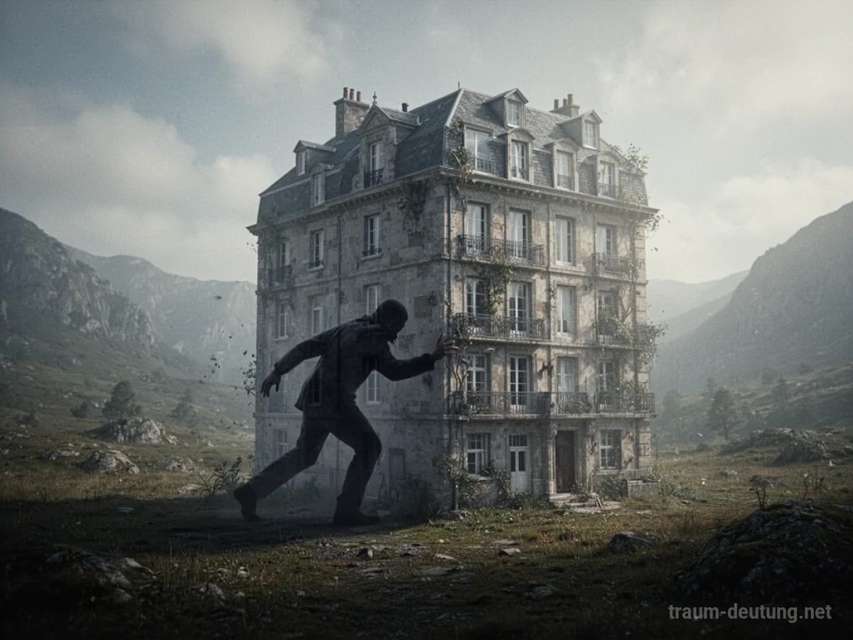Ein Gebäude wird von einer dunklen Silhouette gestohlen, surrealer Hintergrund